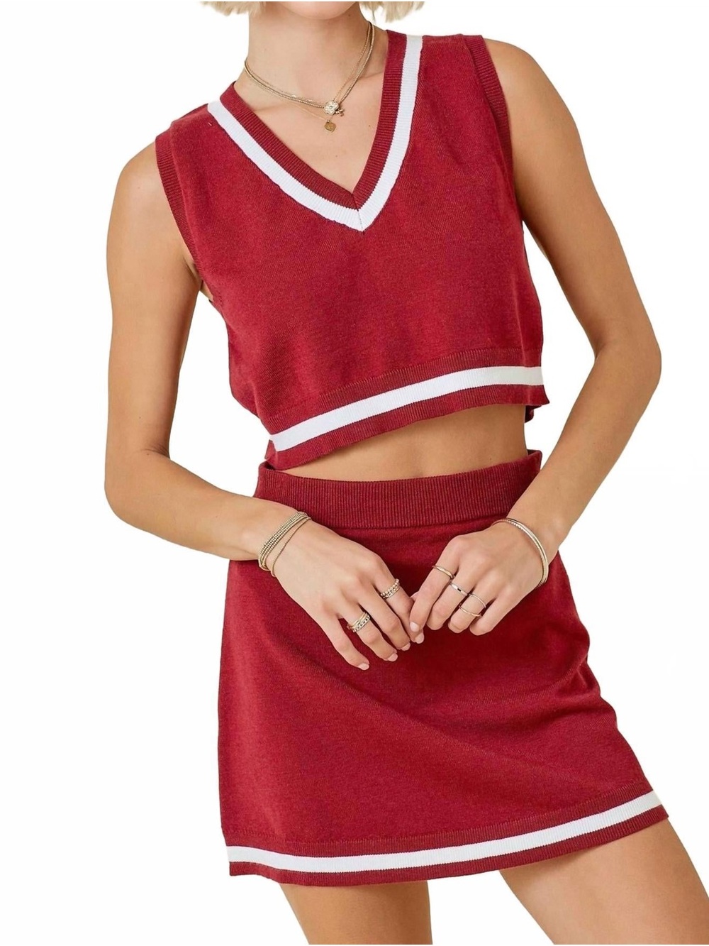 Cropped Knit Mini Skirt Set in Wine Red - Women